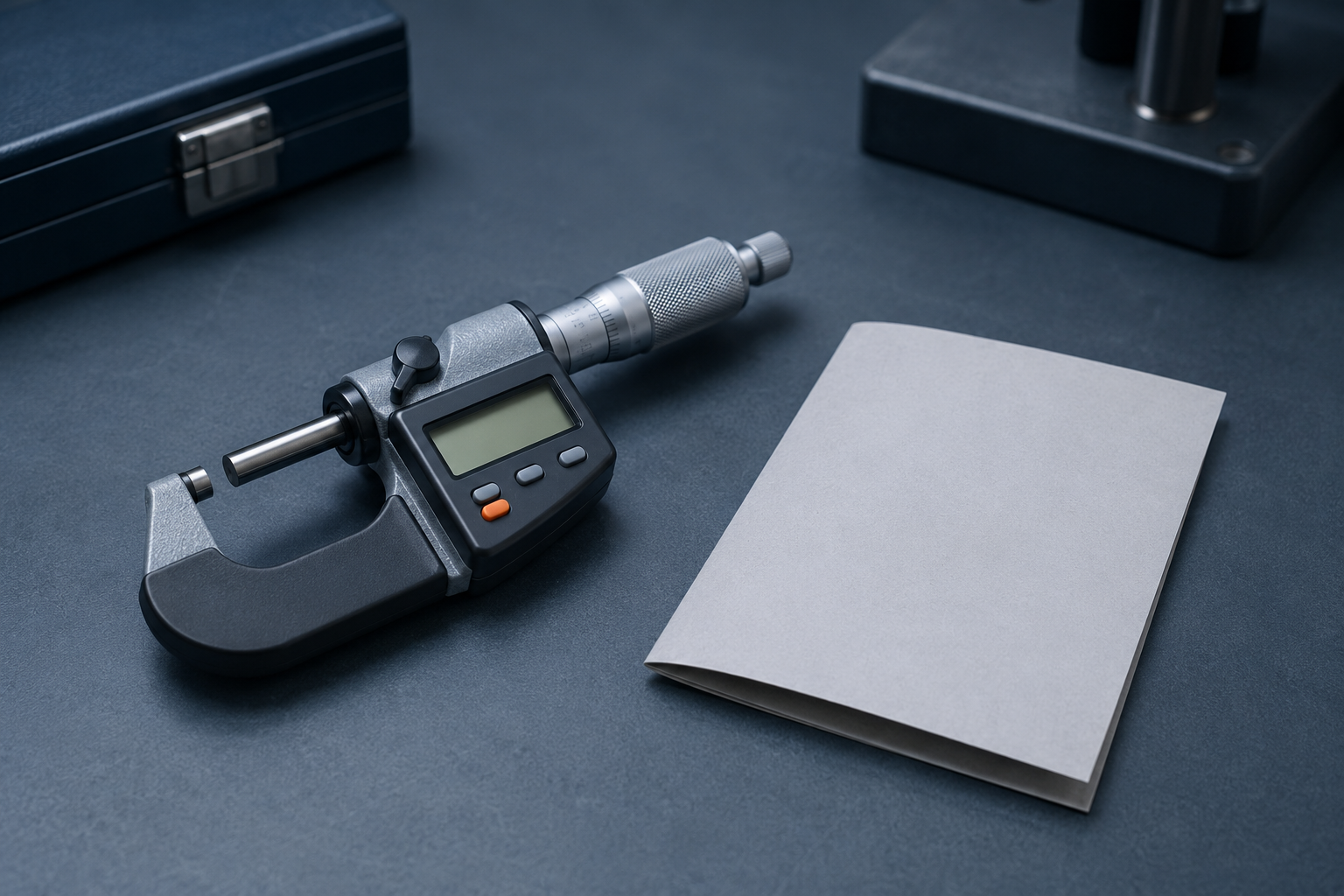 A precision micrometer on a blue-slate workbench beside a returned calibration certificate waiting to be logged