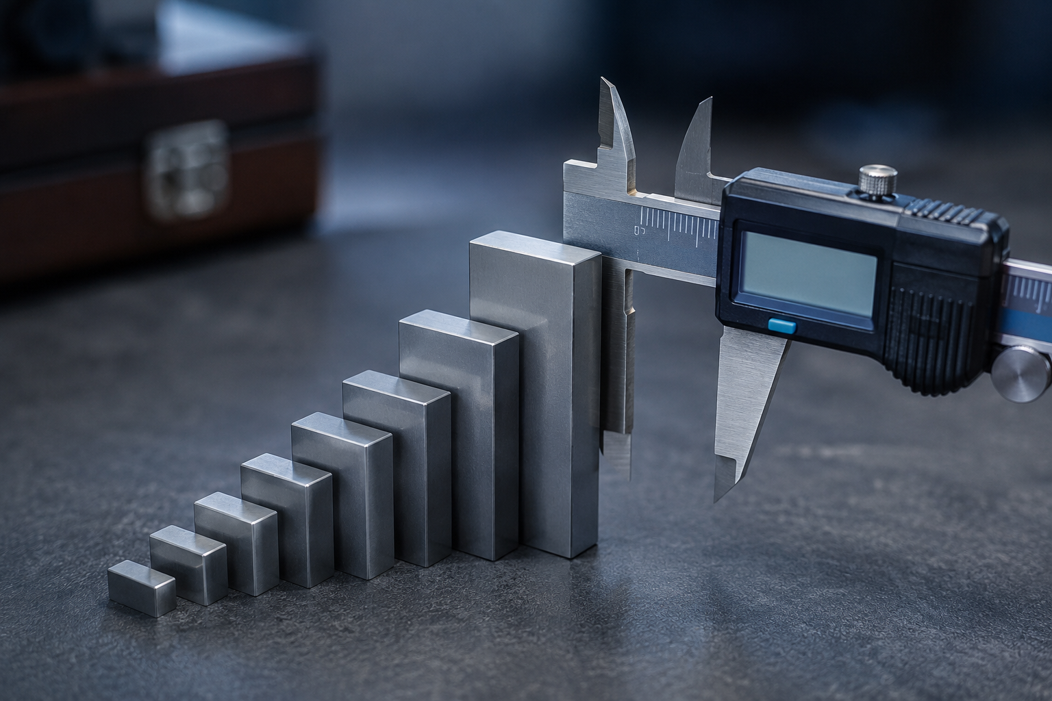 Gauge blocks and a digital caliper arranged for an as-found verification against a reference