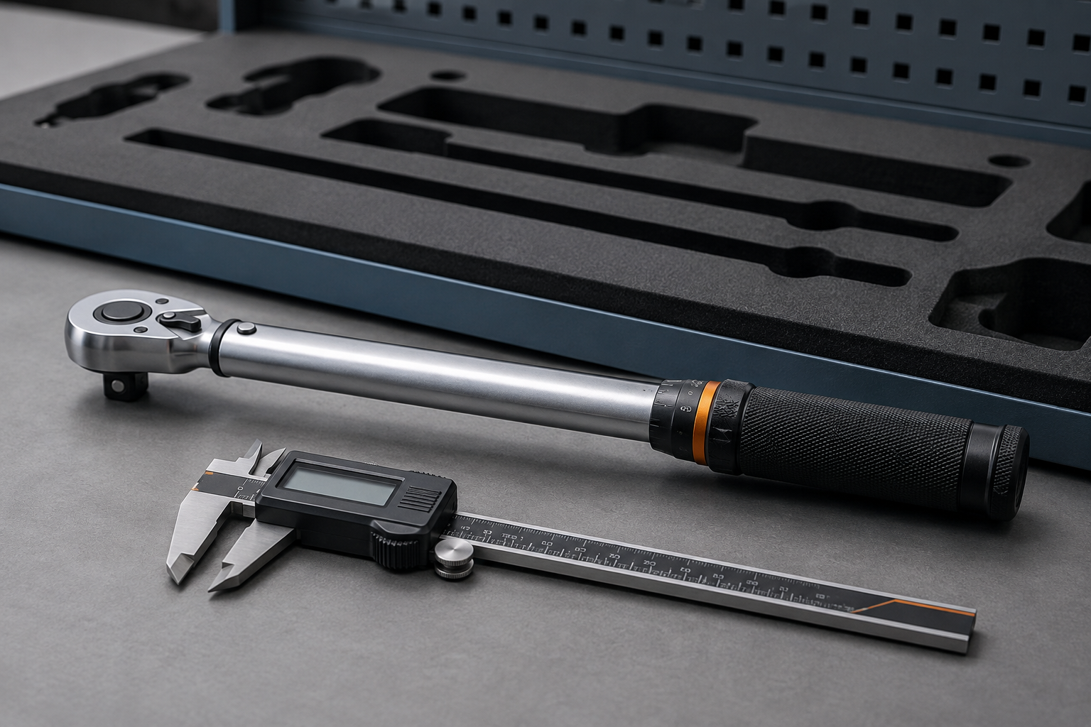 A calibrated torque wrench and caliper beside an instrument rack with open slots, tracking check-out and return