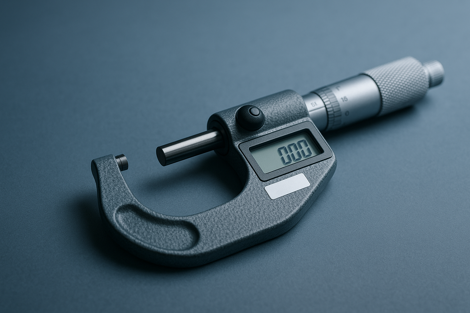A single digital micrometer with a blank calibration status label on a neutral blue-slate workbench