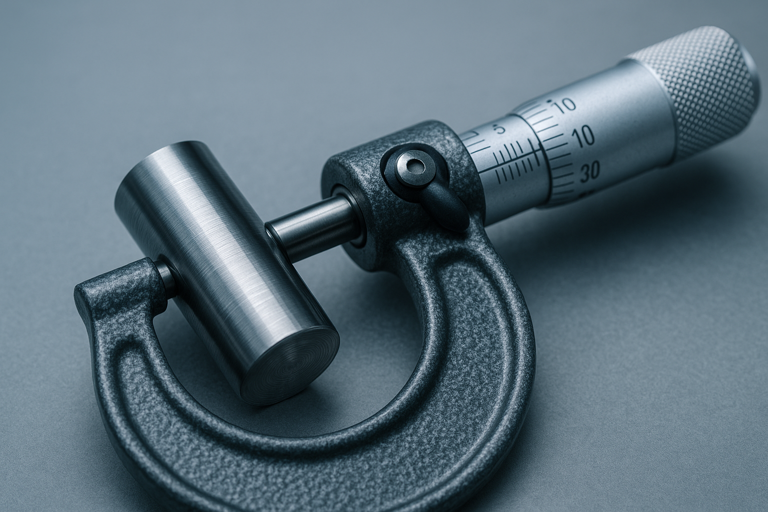 Macro of a micrometer taking an as-found measurement on a precision-machined steel part