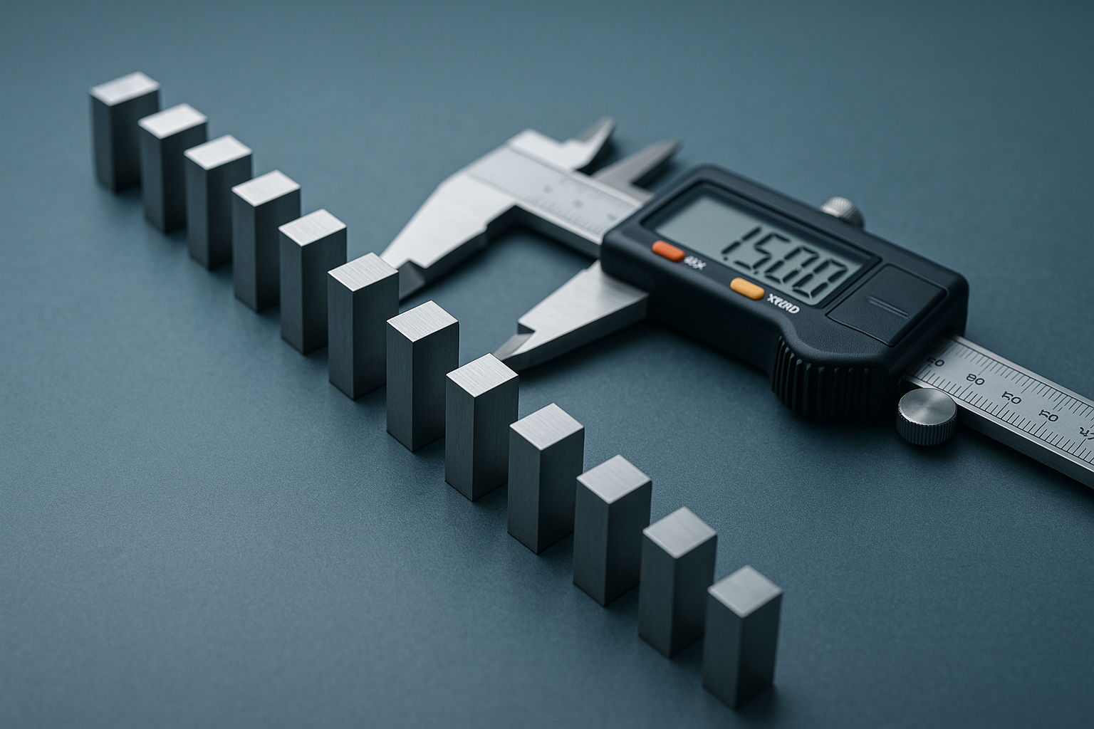 A row of gauge blocks beside a digital caliper, arranged as a traceable chain of reference standards
