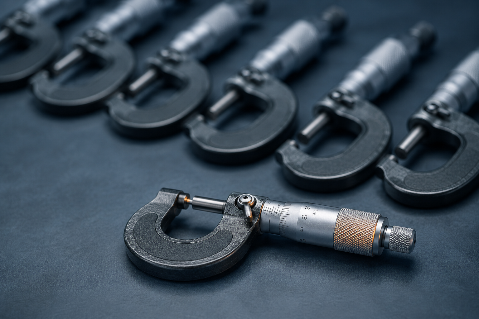 A single micrometer set apart from an orderly row of identical micrometers on a neutral workbench, the isolated one in sharp focus