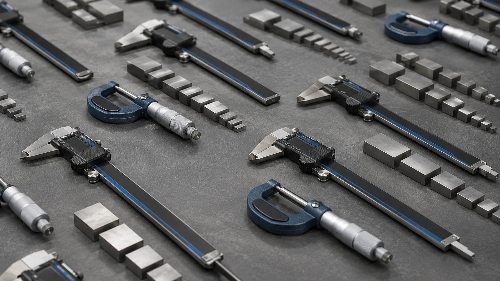 Several identical sets of calipers, micrometers and gauge blocks arranged in uniform rows across a wide workbench, seen from above
