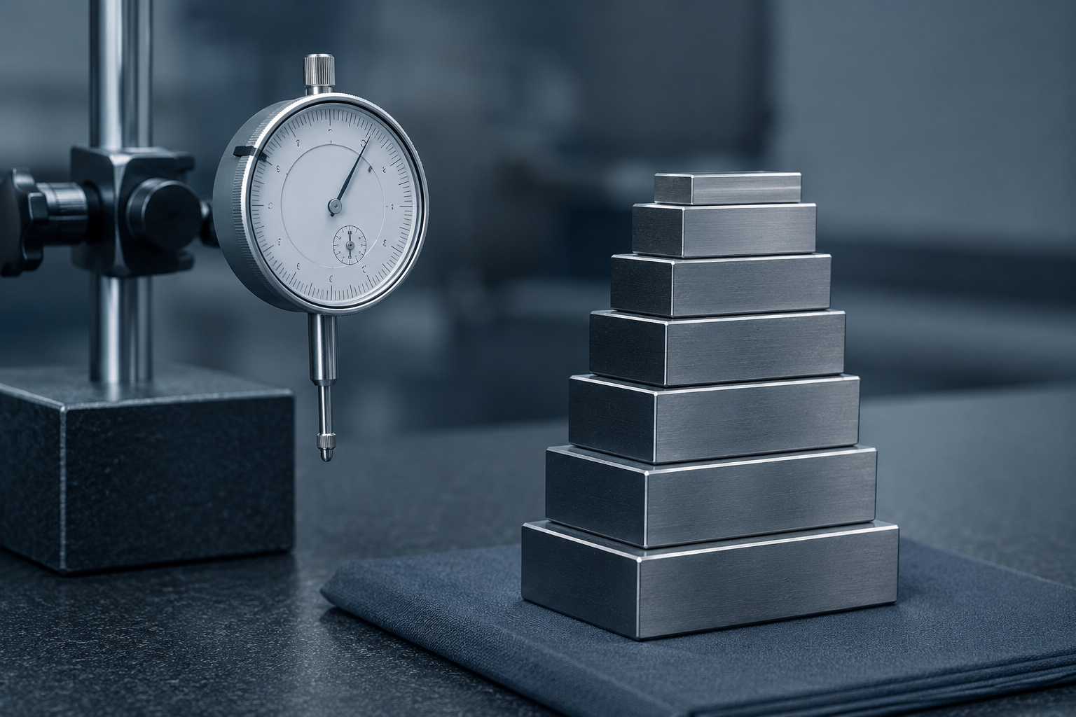 A precise stack of wrung gauge blocks beside a dial indicator, set up for an intermediate verification check, in crisp macro detail