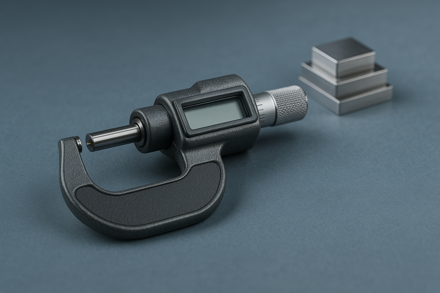 A digital micrometer set aside on a calibration bench beside gauge blocks after an as-found out-of-tolerance reading