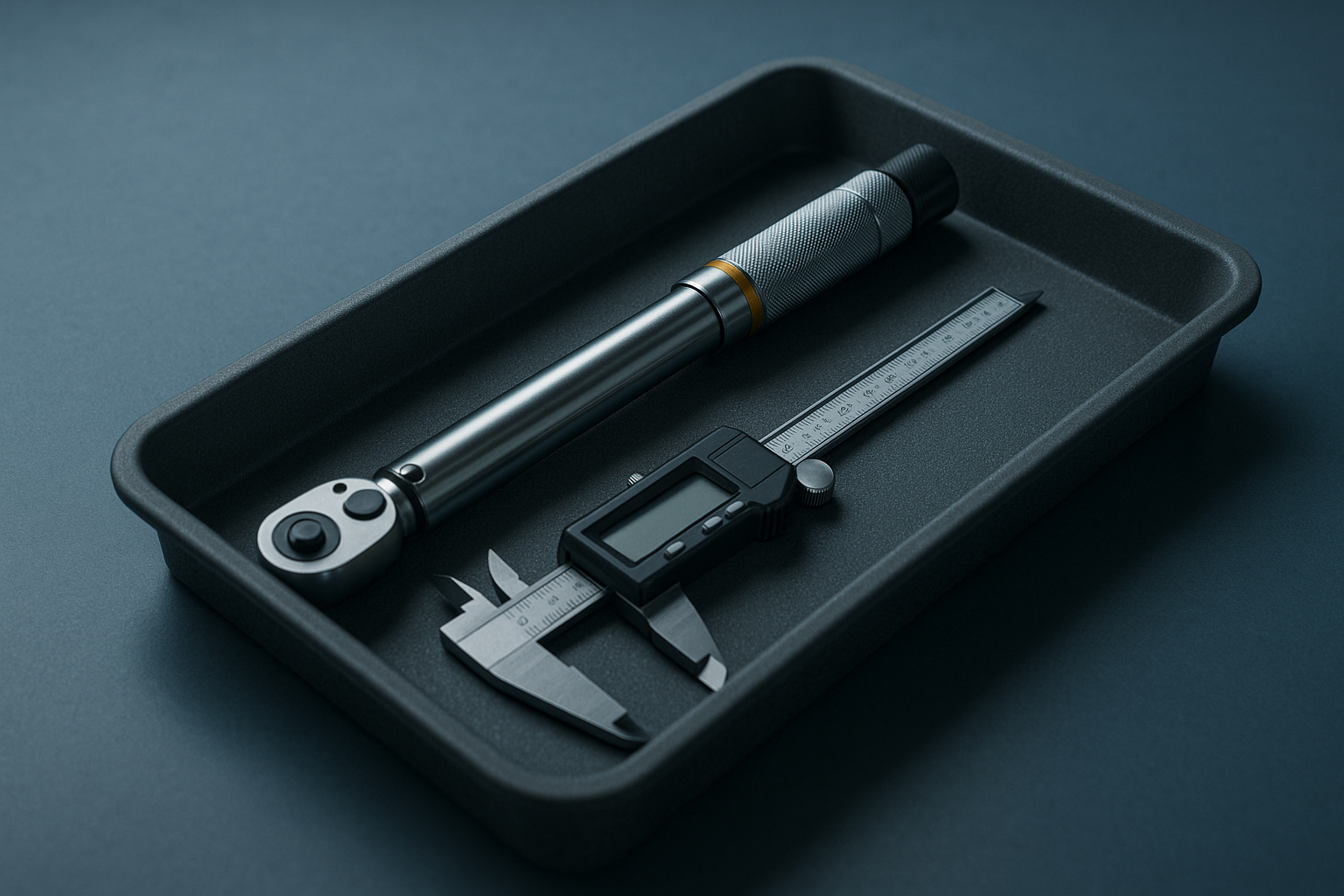 A torque wrench and caliper in a foam-lined tray, evoking the check-out and allocation trail that scopes an out-of-tolerance investigation