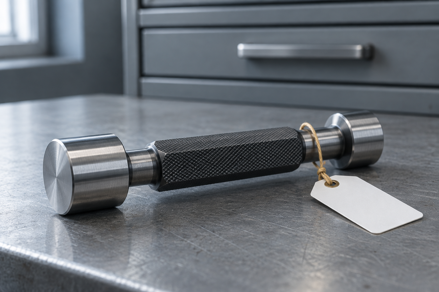 A thread plug gauge on a grey workbench with a blank calibration tag tied to its handle