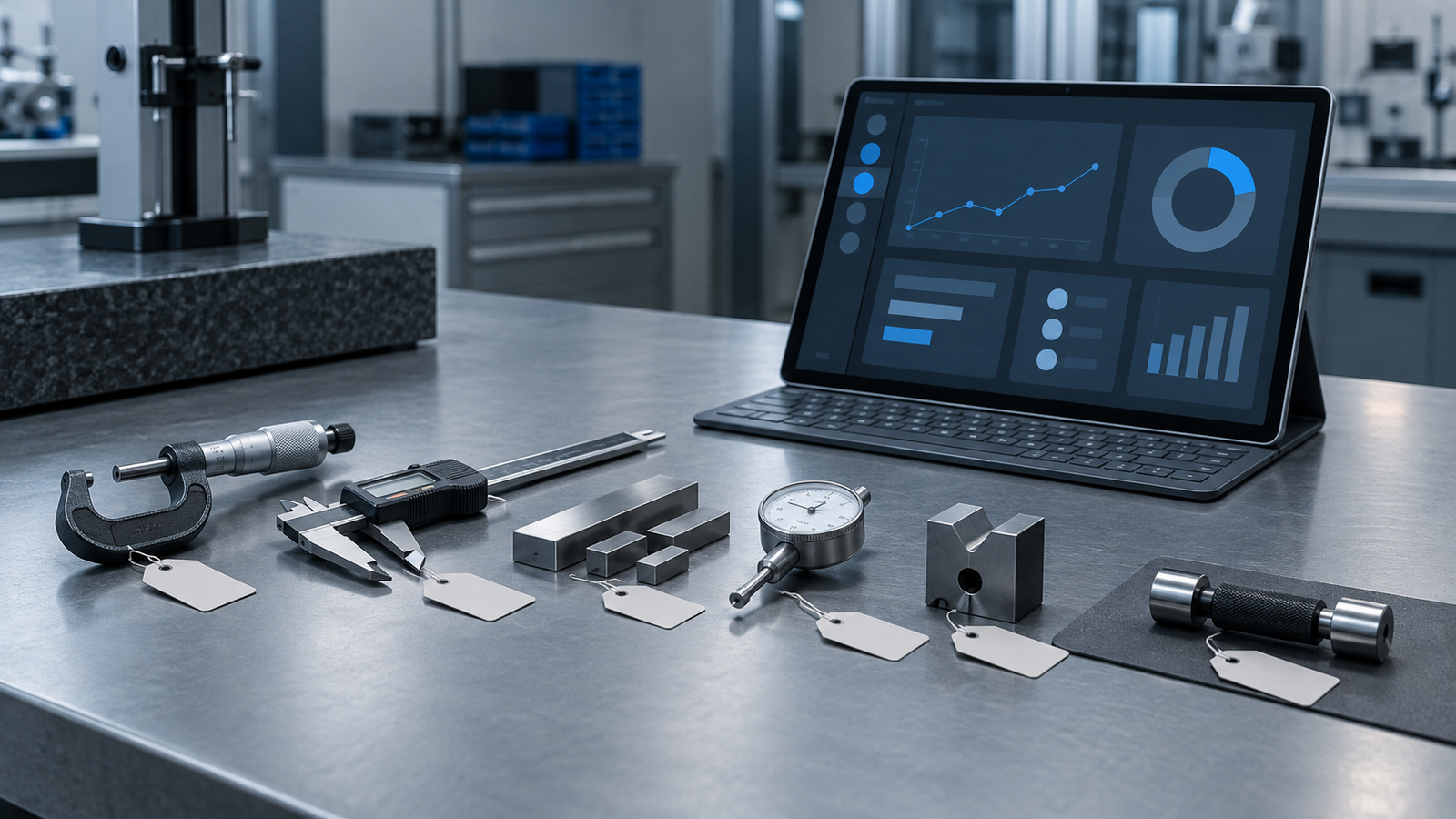 A row of calibrated instruments with blank tags on a workbench, one plug gauge set apart from the rest