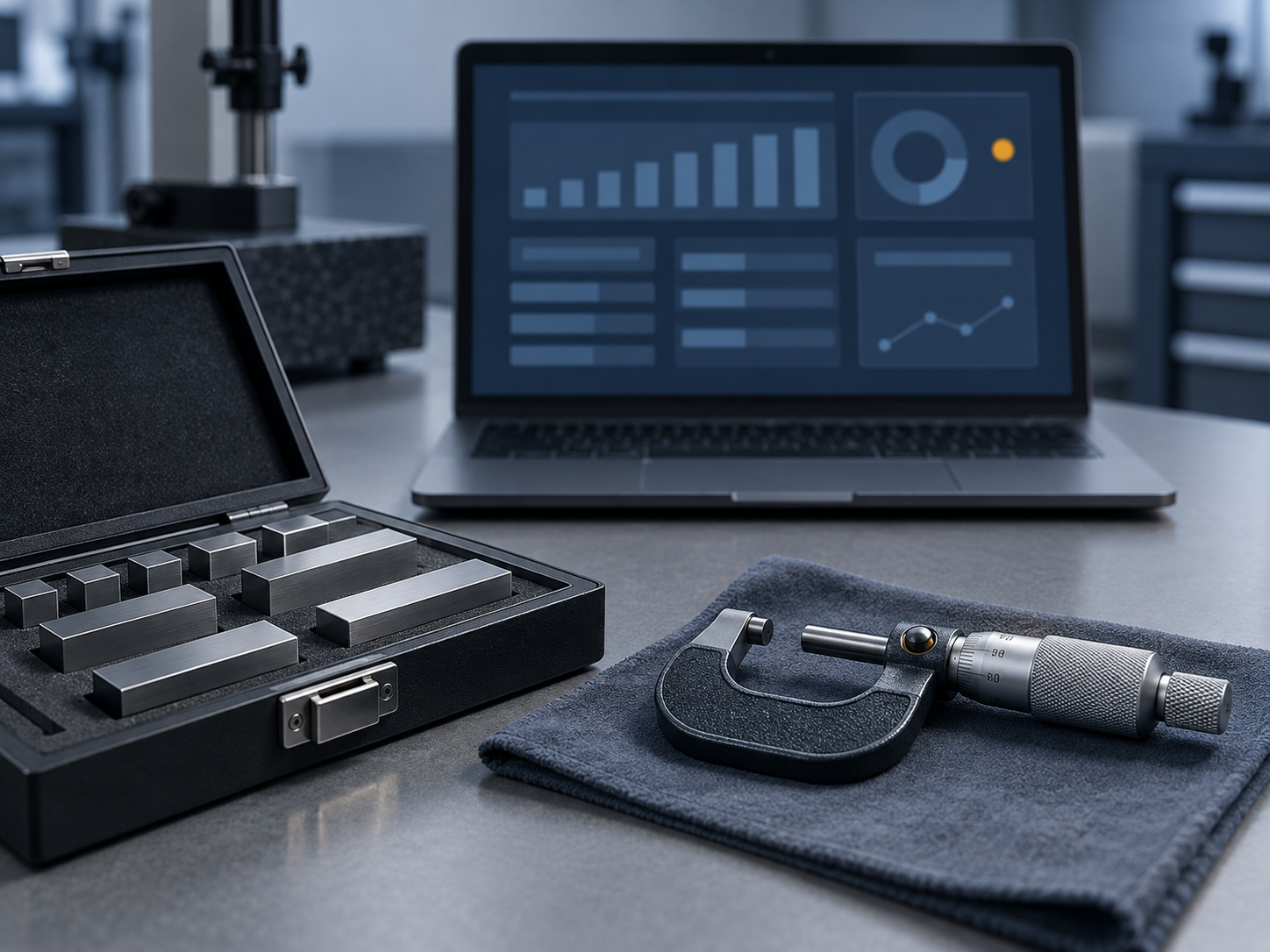 A laptop showing an abstract calibration dashboard behind a gauge block set and a micrometer on a workbench