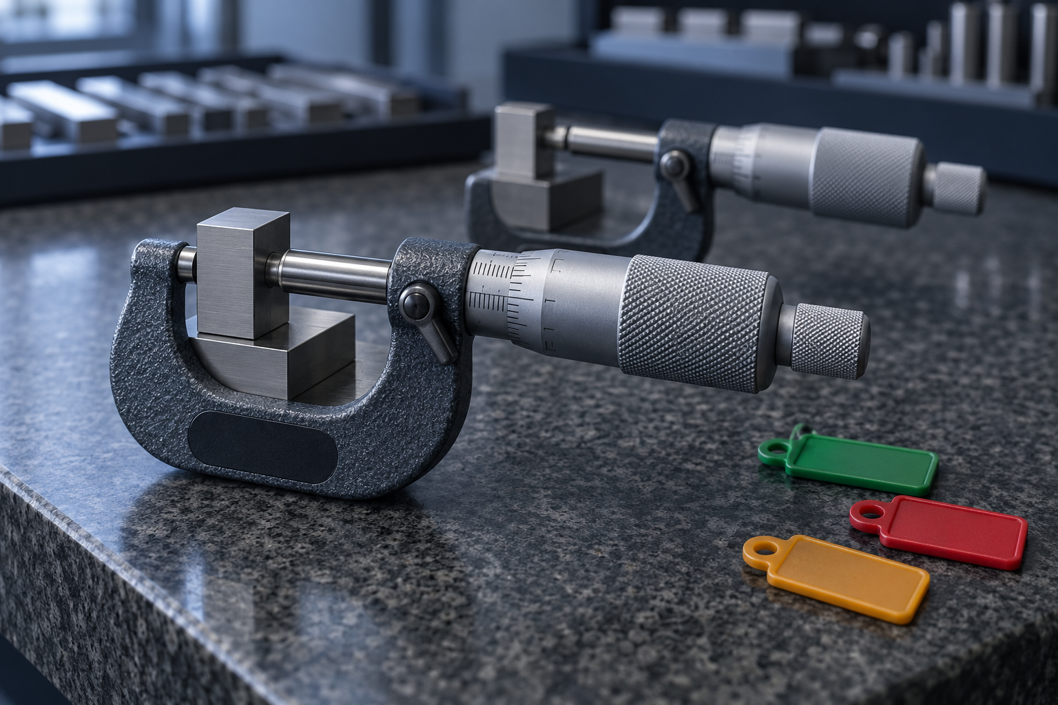 An outside micrometer closed on a gauge block stack on a granite surface plate, with blank colored status tags beside it