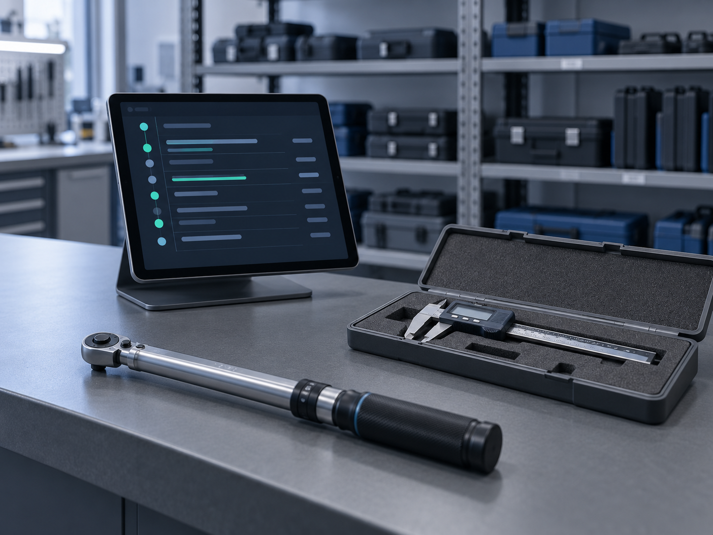A tablet on an instrument crib counter showing an abstract timeline of rows, with a torque wrench and a digital caliper in an open case in front of it