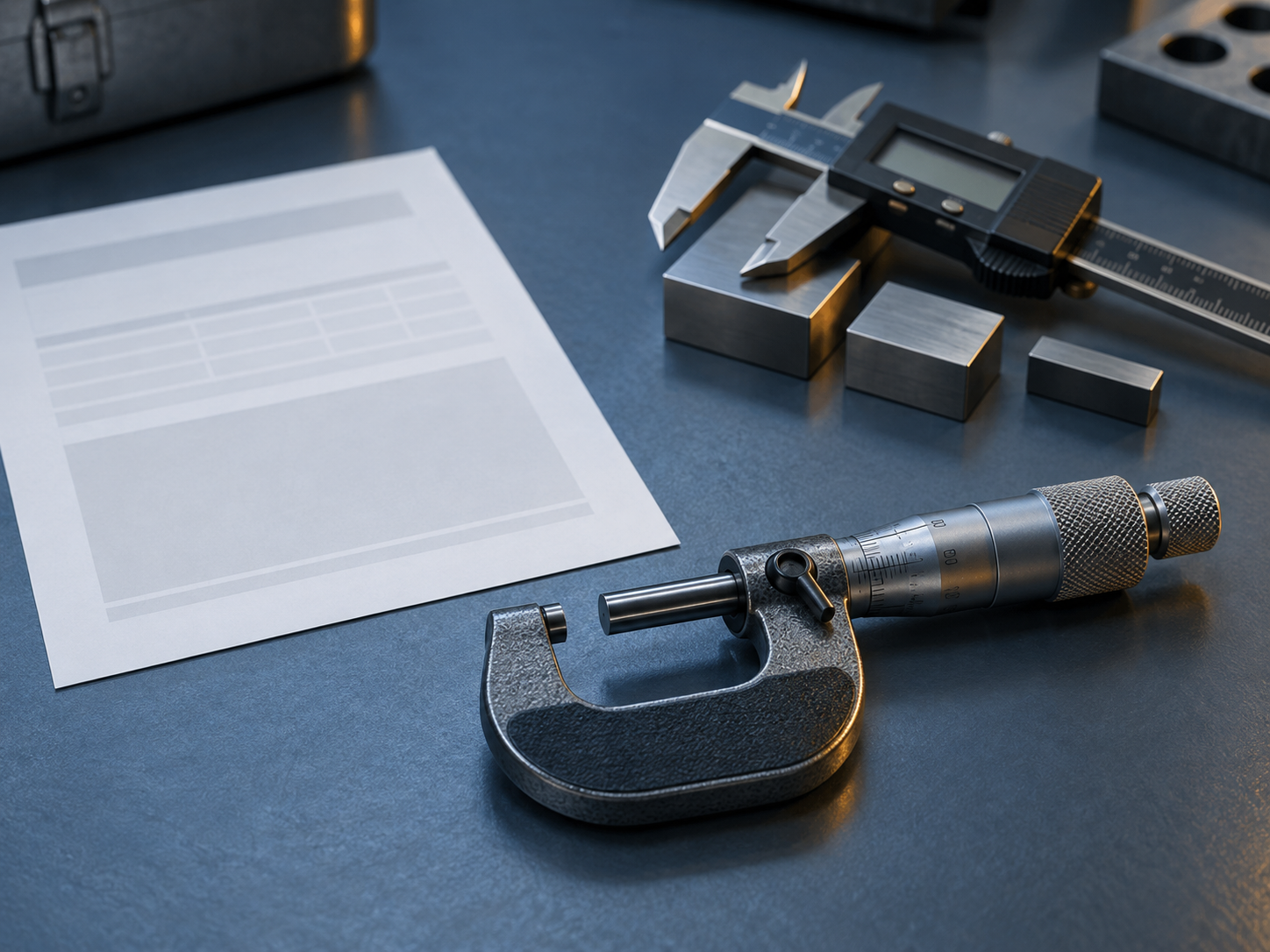 A precision micrometer and digital caliper resting on gauge blocks beside a single blank report sheet on a blue-slate workbench, cool controlled lighting