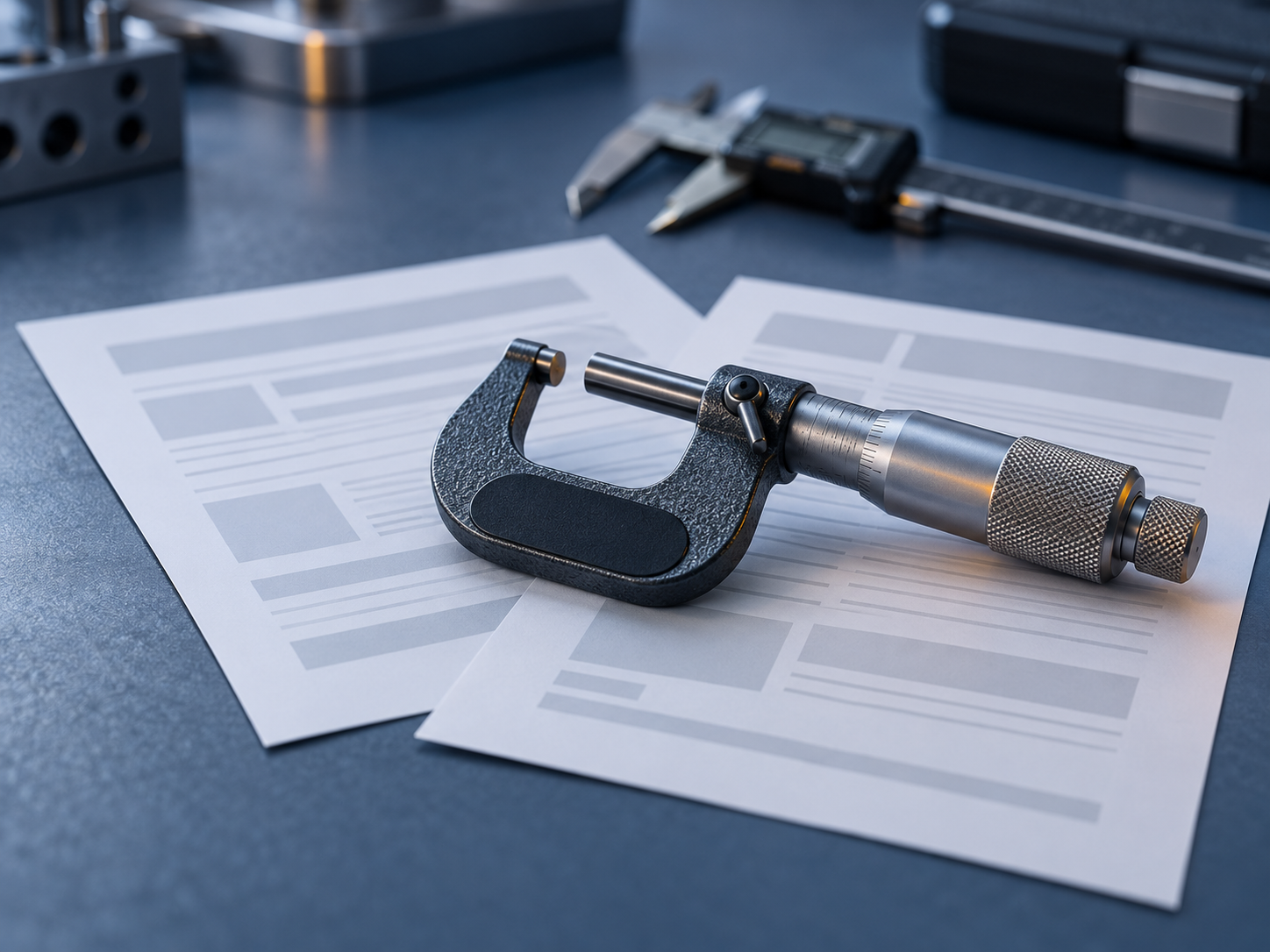 Two nearly identical blank report sheets fanned apart on a blue-slate bench with a micrometer resting on top, shallow depth of field