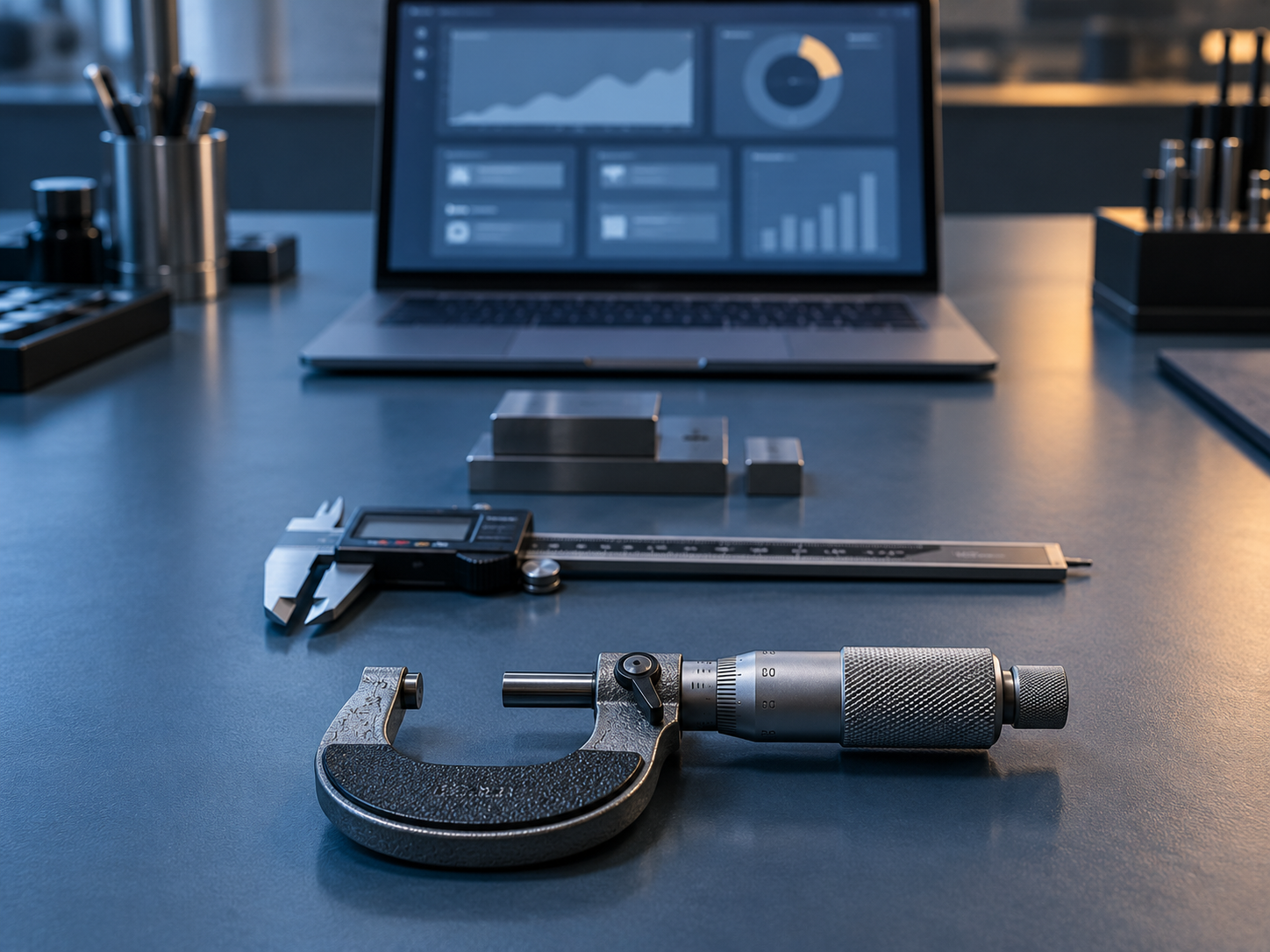 Precision instruments arranged in a neat line toward a laptop showing an abstract organized dashboard on a blue-slate bench, cool controlled lighting