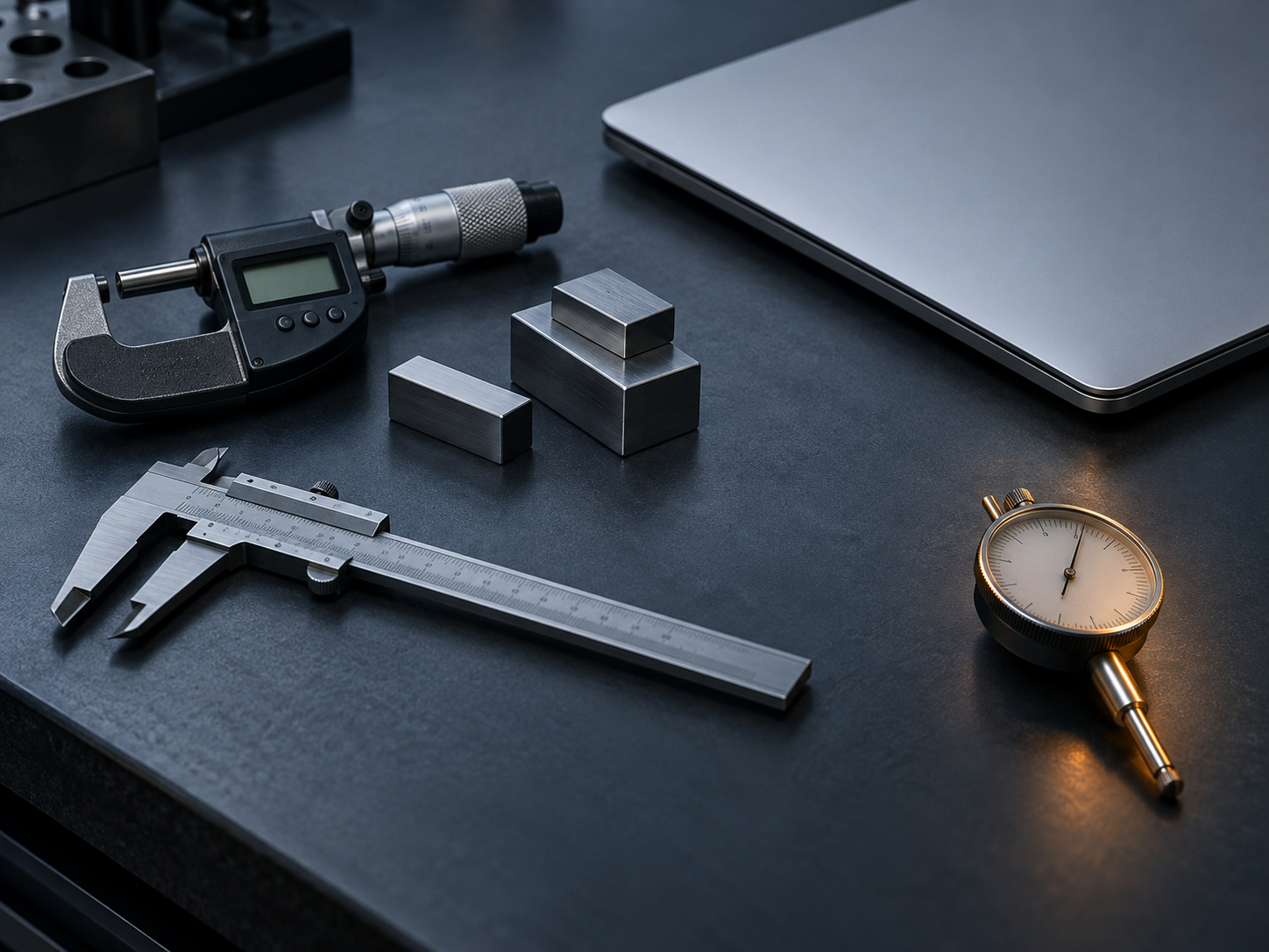 Precision measuring instruments arranged on a dark-slate workbench, with one gauge set slightly apart from the group beside a closed laptop