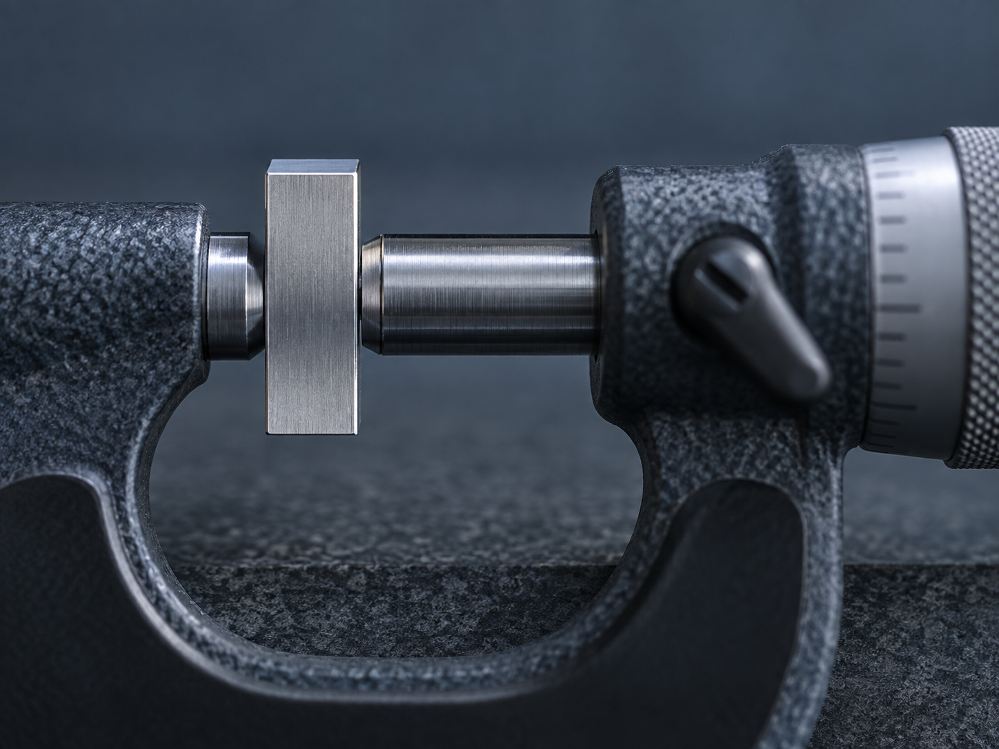 Extreme macro of a digital micrometer measuring a polished steel gauge block, contact surfaces in crisp focus