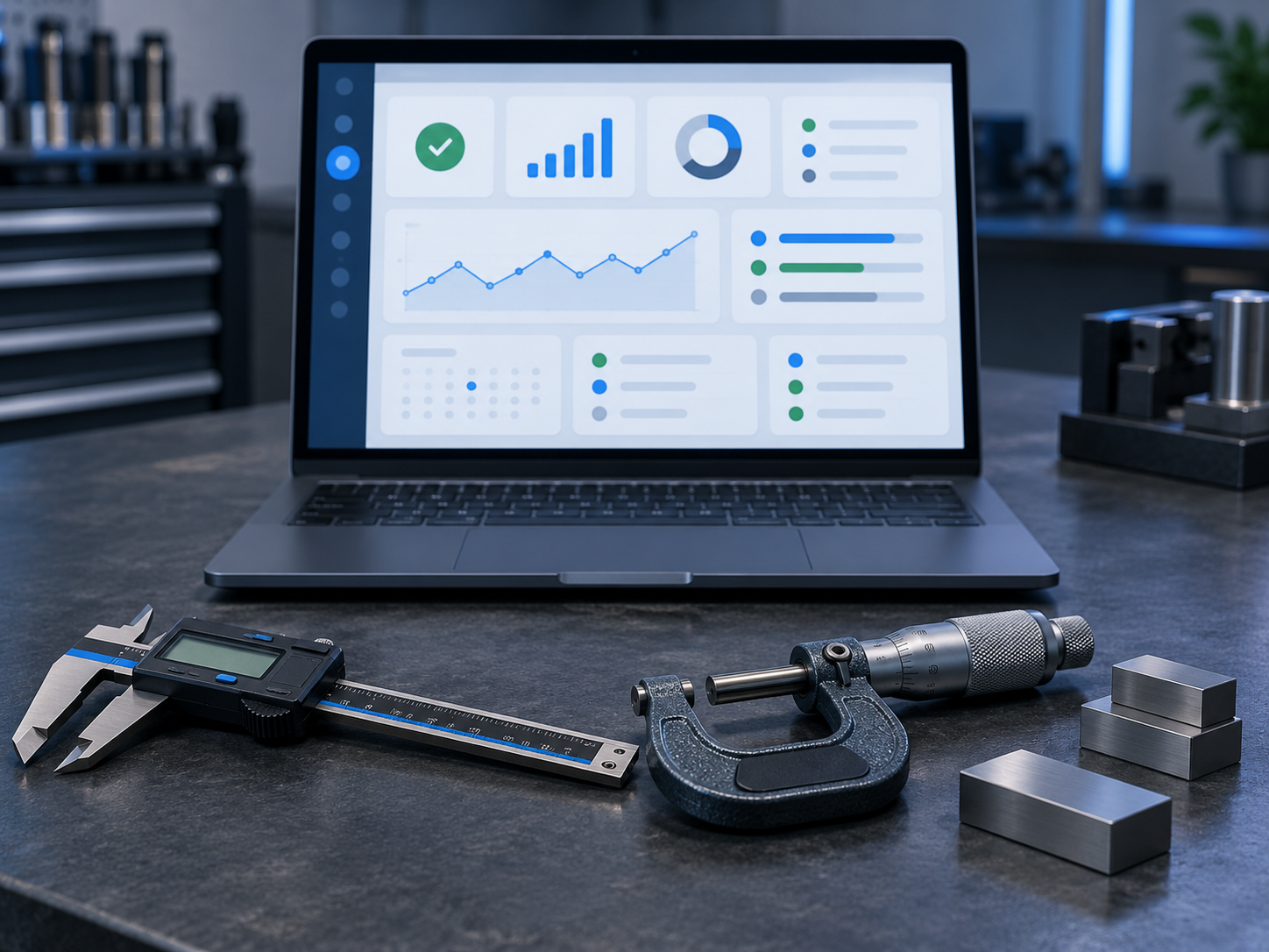 Precision instruments in the foreground with an open laptop behind them showing an abstract, organized dashboard, screen facing the camera