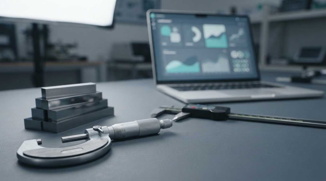 Precision measuring instruments on a matte workbench beside a laptop showing an abstract organized dashboard, symbolizing a calibration program moving off a legacy database