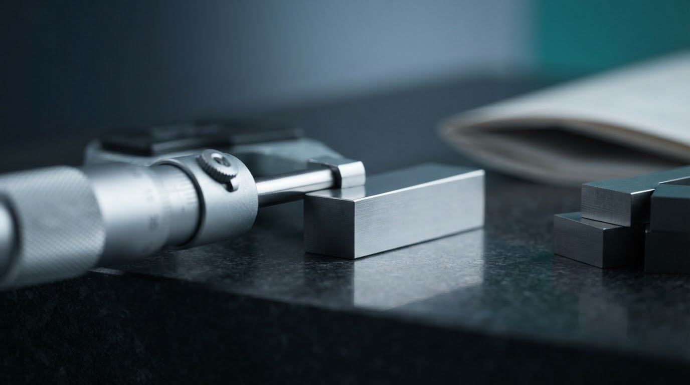 A precision micrometer measuring a gauge block on a black granite surface plate, representing an as-found reading that must never be silently overwritten
