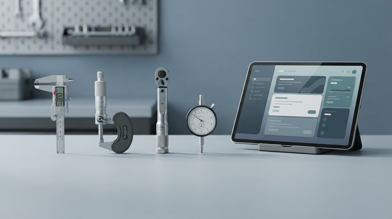 An orderly row of precision instruments beside a tablet showing an abstract organized dashboard, representing a validated migration to a modern calibration system