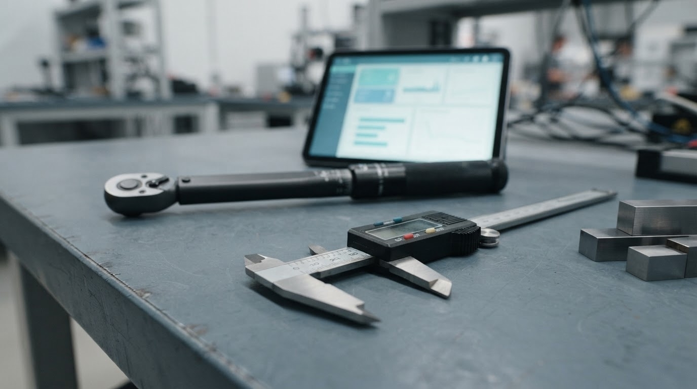 Precision torque wrench and digital caliper on a neutral workbench beside a tablet showing an organized calibration dashboard