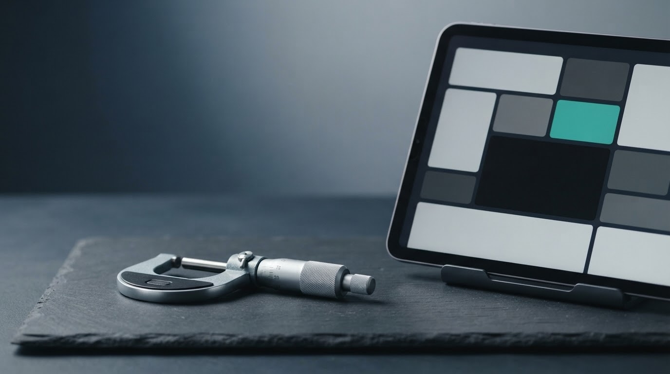 A single micrometer on a slate workbench beside a tablet showing an organized due-date dashboard with a subtle status accent