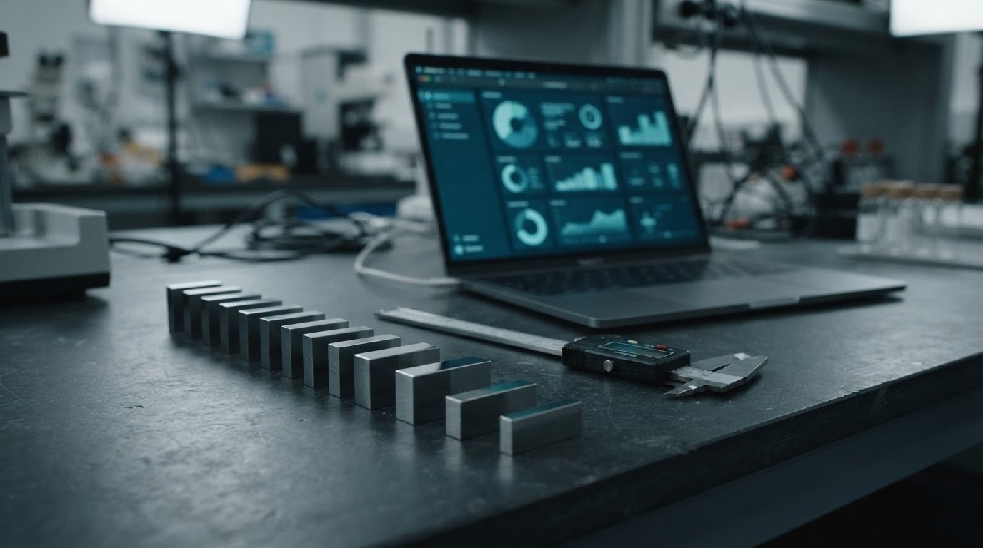 Gauge blocks and a caliper neatly arranged on a workbench beside a laptop showing a structured dashboard