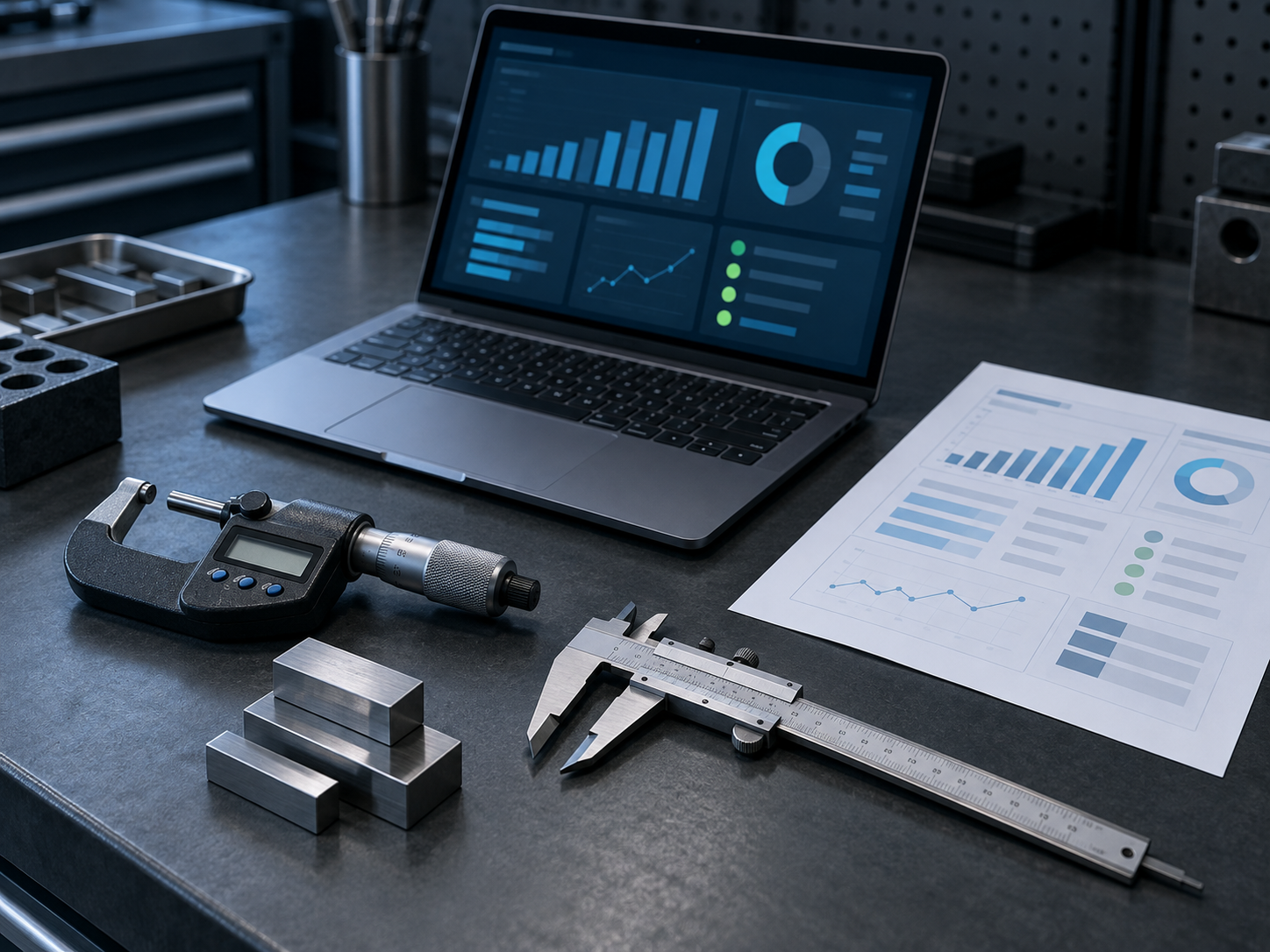 A micrometer, caliper and gauge blocks beside a laptop dashboard and a printed calibration report on a dark workbench