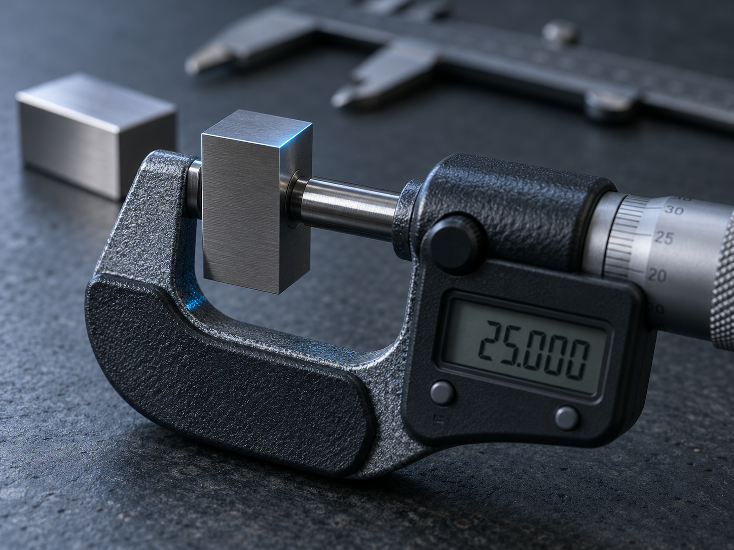 Macro view of a digital micrometer measuring a single steel gauge block, capturing one value at one moment