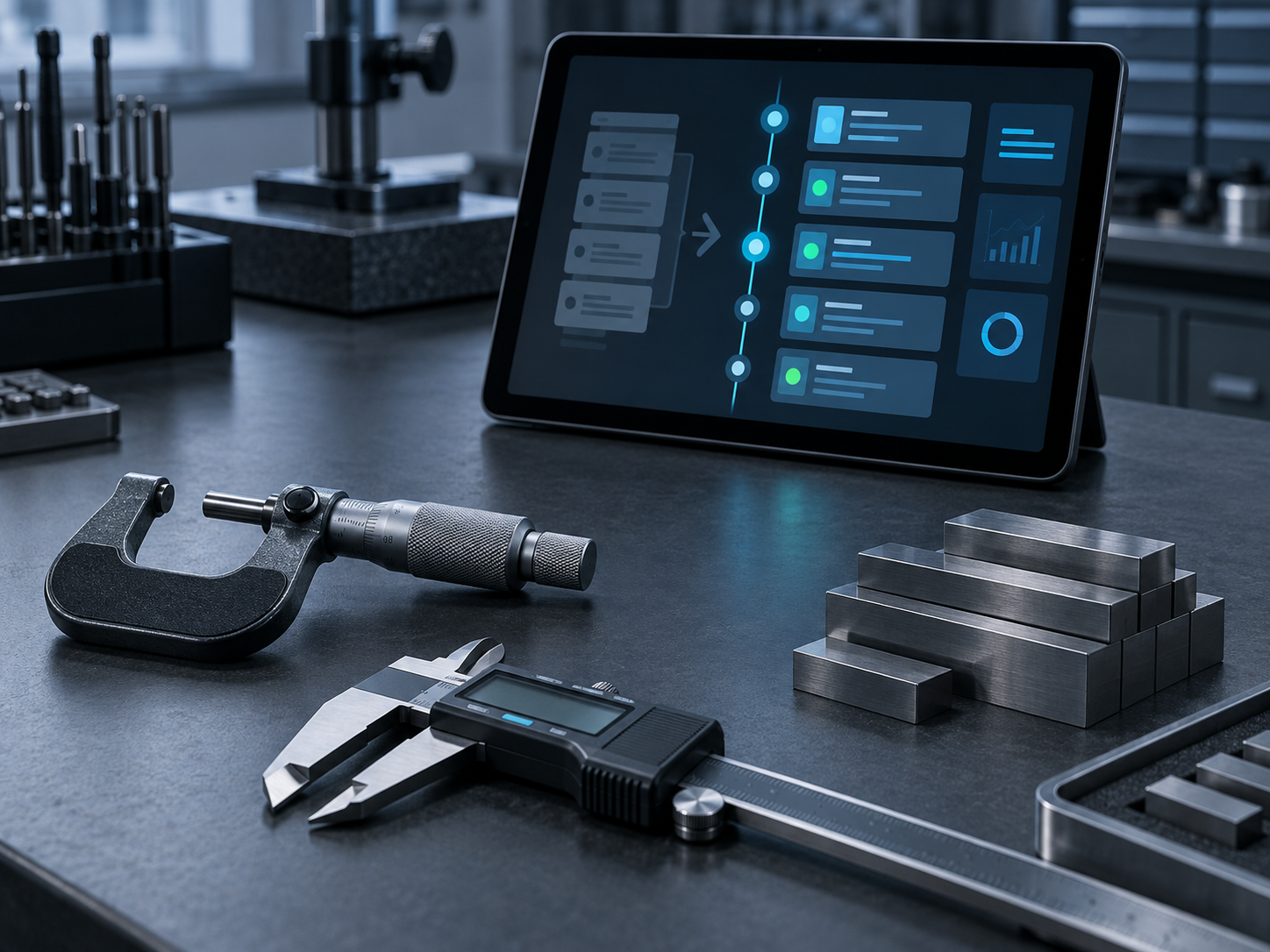 Precision instruments arranged beside a tablet showing an organized archived-history dashboard on a dark workbench