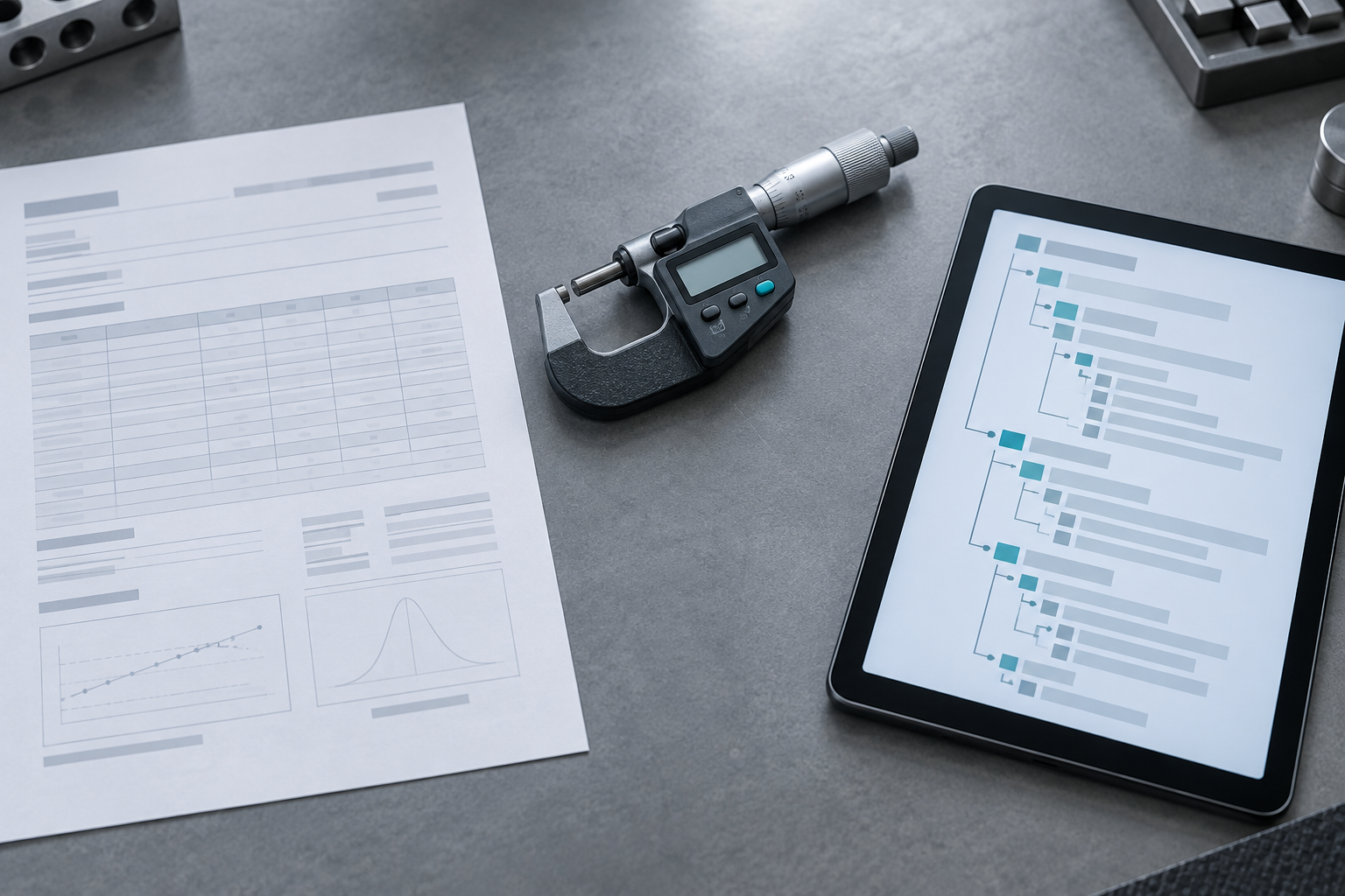 A printed paper certificate and a tablet showing a structured XML-like certificate layout on a neutral inspection bench beside a digital micrometer
