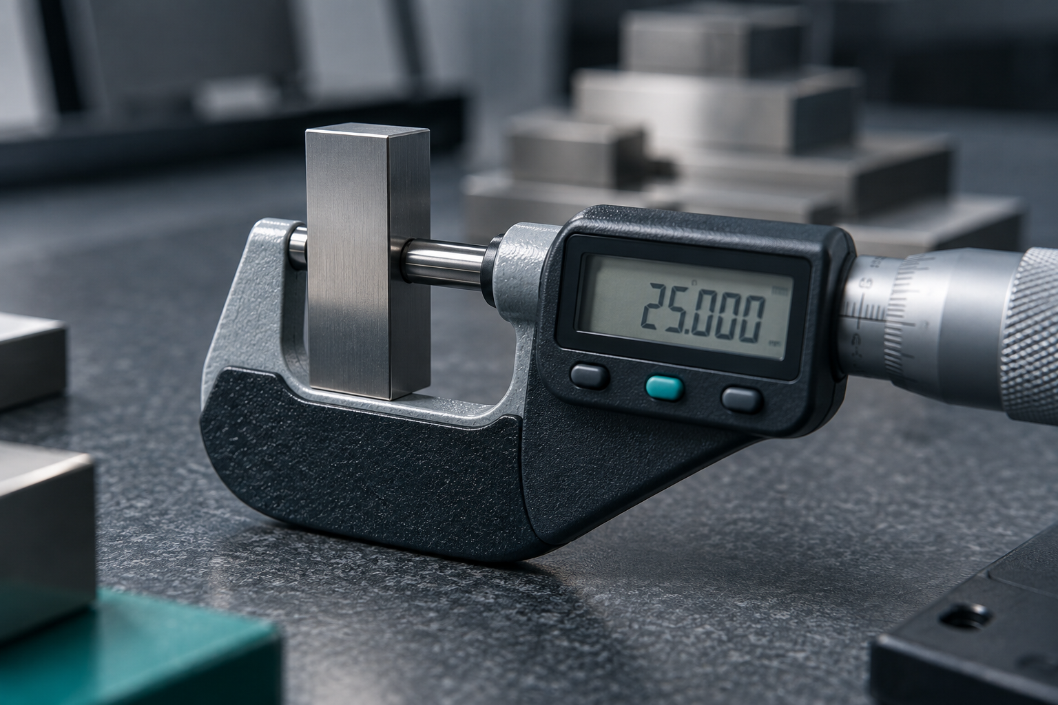 Macro close-up of a digital micrometer measuring a polished steel gauge block on an inspection bench, capturing a measured value