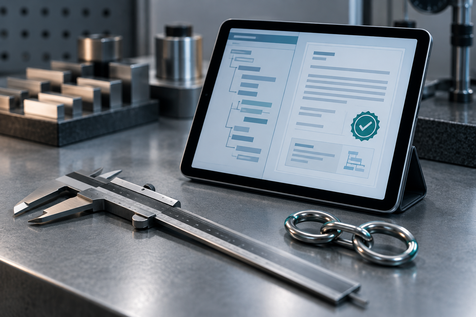 A tablet on an inspection bench showing an abstract signed, verified certificate layout beside a vernier caliper and linked metal rings suggesting a traceability chain