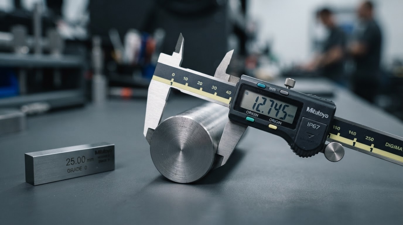 Macro photograph of a digital caliper measuring a machined steel part on a slate workbench, capturing the exact reading that becomes the as-found value