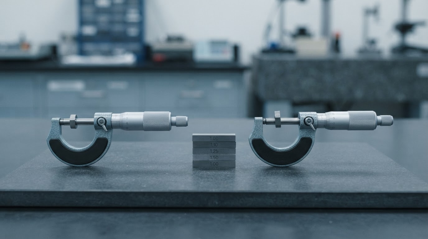 Two matched precision micrometers arranged as a before-and-after pair with gauge blocks between them, representing the as-found and as-left states of a calibrated instrument