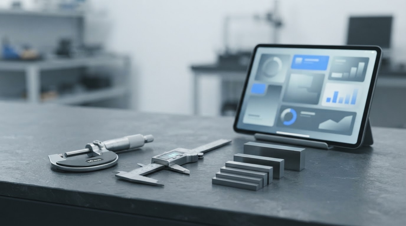 Precision micrometer, digital caliper and gauge blocks on a neutral bench beside a tablet showing an abstract organized dashboard, symbolizing migration from a legacy database to a modern calibration system