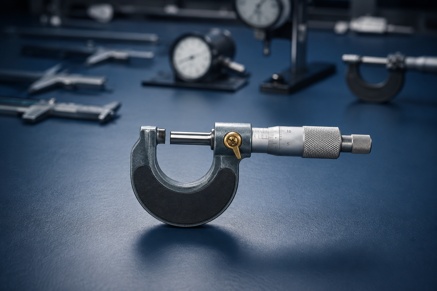 A single micrometer in sharp focus, singled out from a blurred row of other measuring instruments on a blue-slate workbench