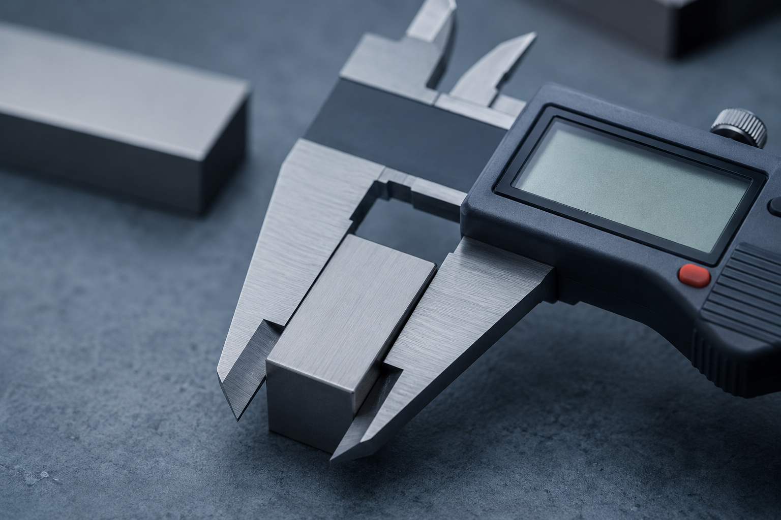 Extreme macro of a digital caliper closed on a precision gauge block, capturing an as-found measurement on a blue-slate workbench