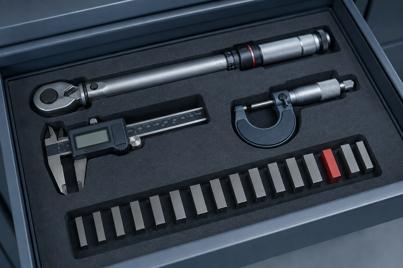 A torque wrench, caliper, micrometer, and gauge blocks arranged in a foam-lined instrument drawer, each in its own cutout