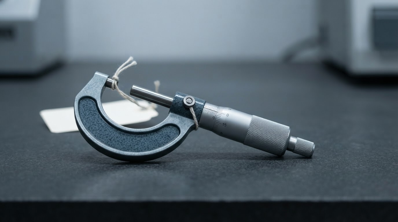 A single micrometer with a blank calibration status tag on a neutral slate workbench under cool light