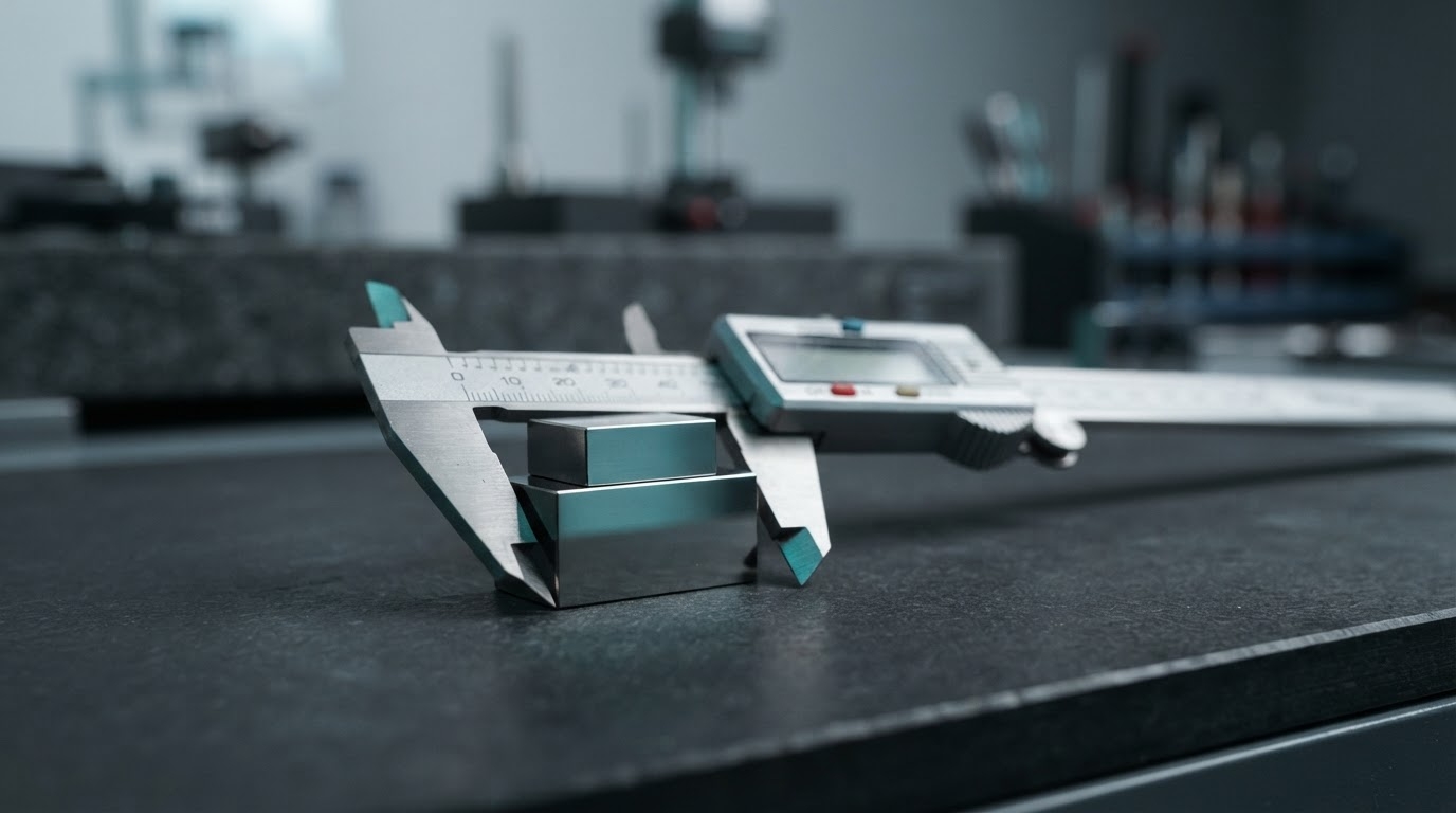 A digital caliper measuring a stack of precision gauge blocks on a slate bench, cool light, shallow depth of field
