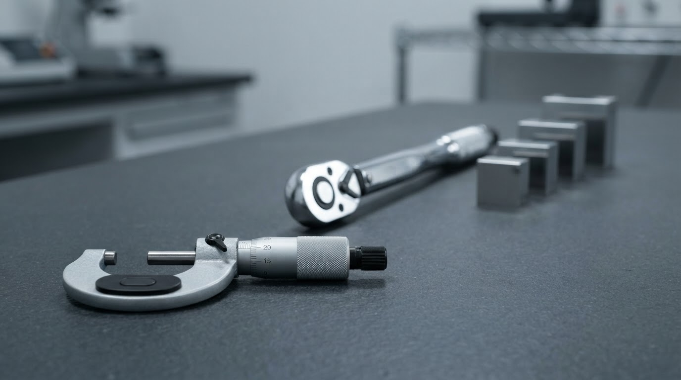 Three precision instruments evenly spaced along a receding diagonal on a slate bench, conveying an ordered chain of custody