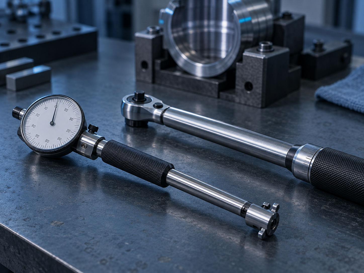 A dial bore gauge and torque wrench set down on a neutral workbench beside a partially machined metal part mid-job