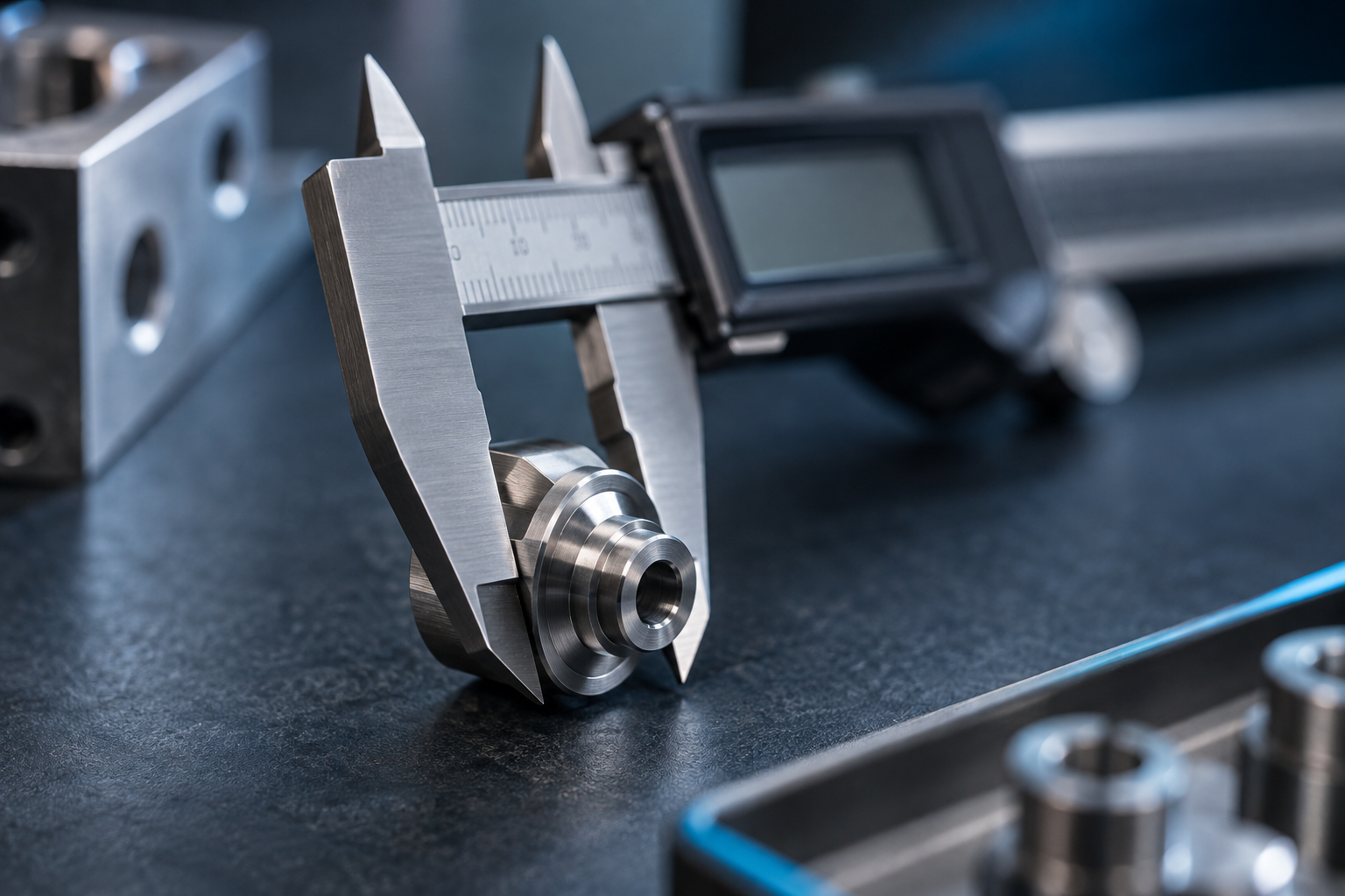 Macro view of a digital caliper's jaws closing on a precision-machined metal component