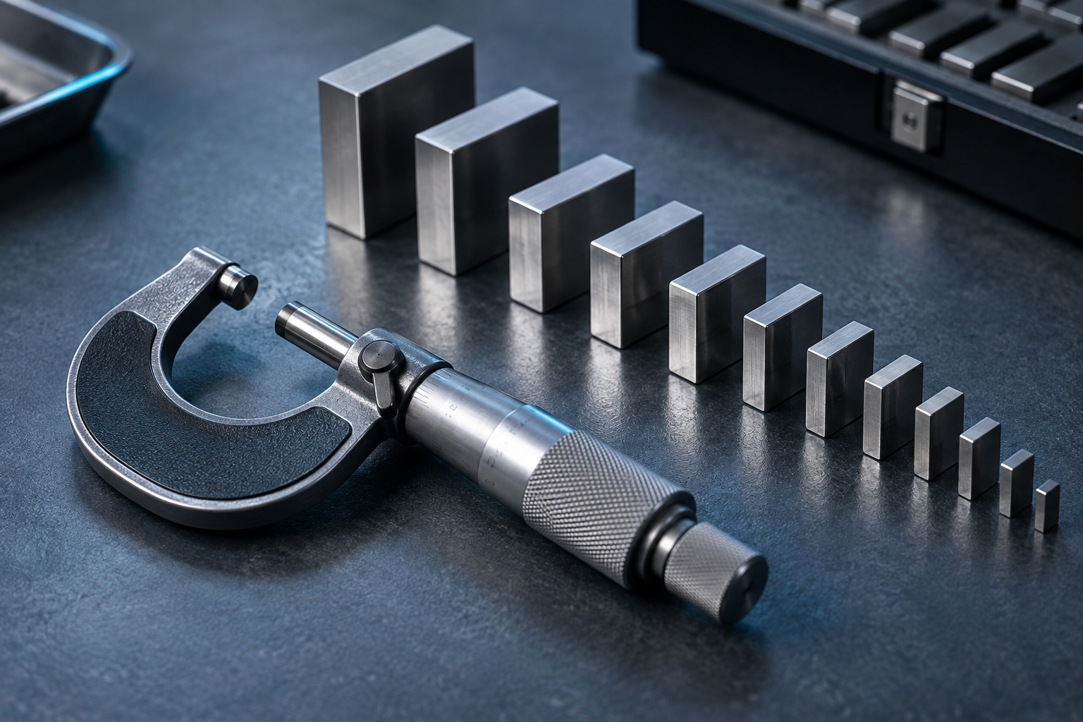 An outside micrometer laid beside a neat row of gauge blocks on a neutral workbench, evoking a traceability reference standard