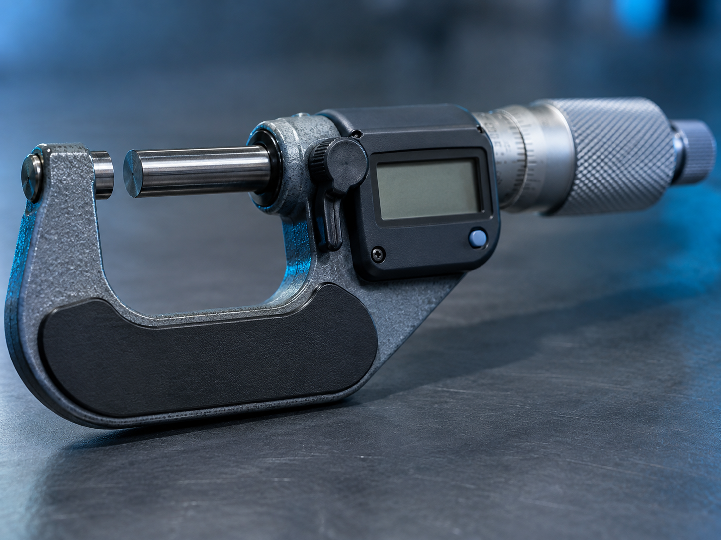 A single digital micrometer at rest on a neutral slate workbench, blank display facing the camera, cool macro lighting