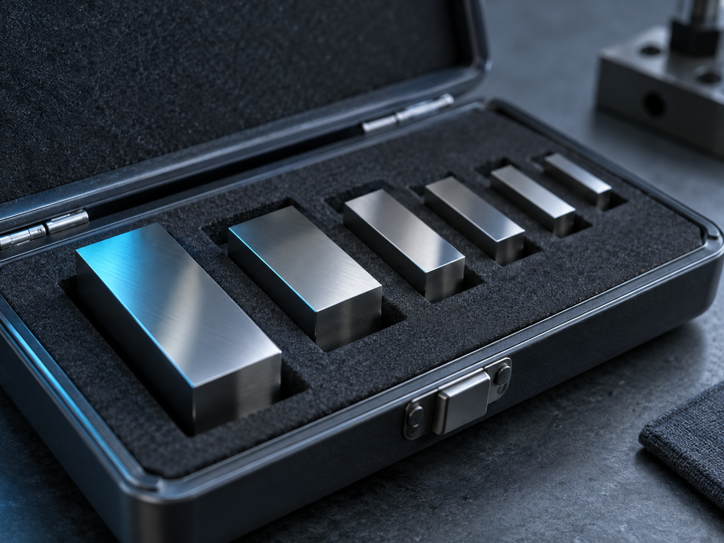 An open case of mirror-polished gauge blocks seated in dark foam on a slate workbench, cool light across the faces