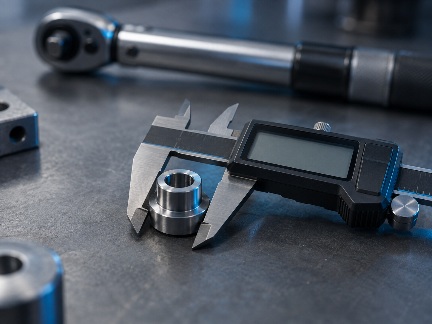 A digital caliper on a slate workbench, jaws around a small machined component, a torque wrench blurred behind, cool macro detail