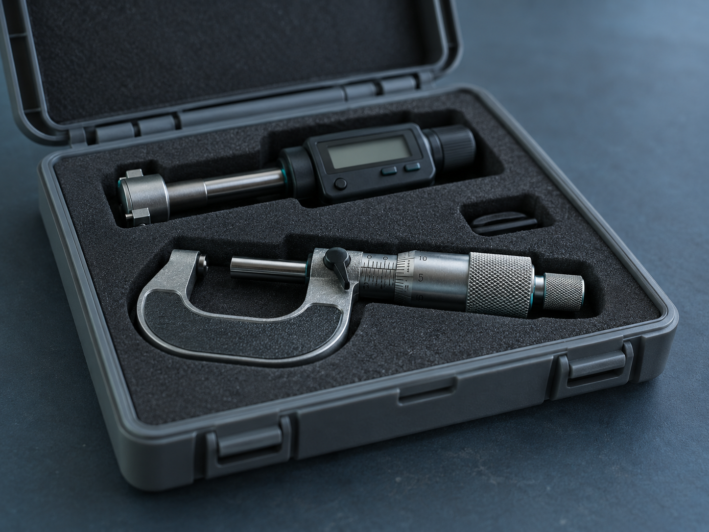 A precision micrometer and bore gauge seated in the cut-foam recesses of an open transit case on a blue-slate workbench, ready to move between plants